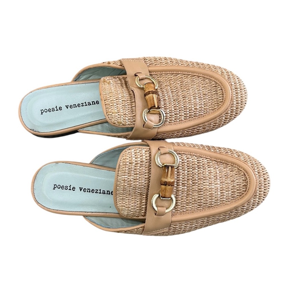 poesie veneziane tan Woven Mules Bamboo gold horsebit buckle leather sole EU38 - Picture 2 of 9